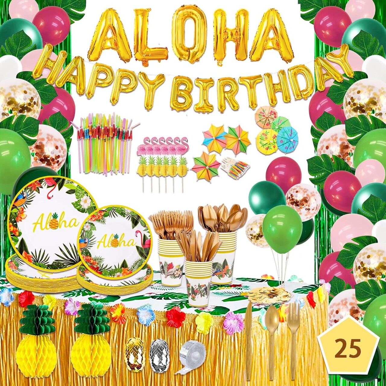 323-Piece Hawaiian Luau Party Decorations Kit | “ALOHA” & “HAPPY BIRTHDAY” Banners, Balloons, Cake Topper, Straws, Table Skirt & Dinnerware Set for 25 Adults